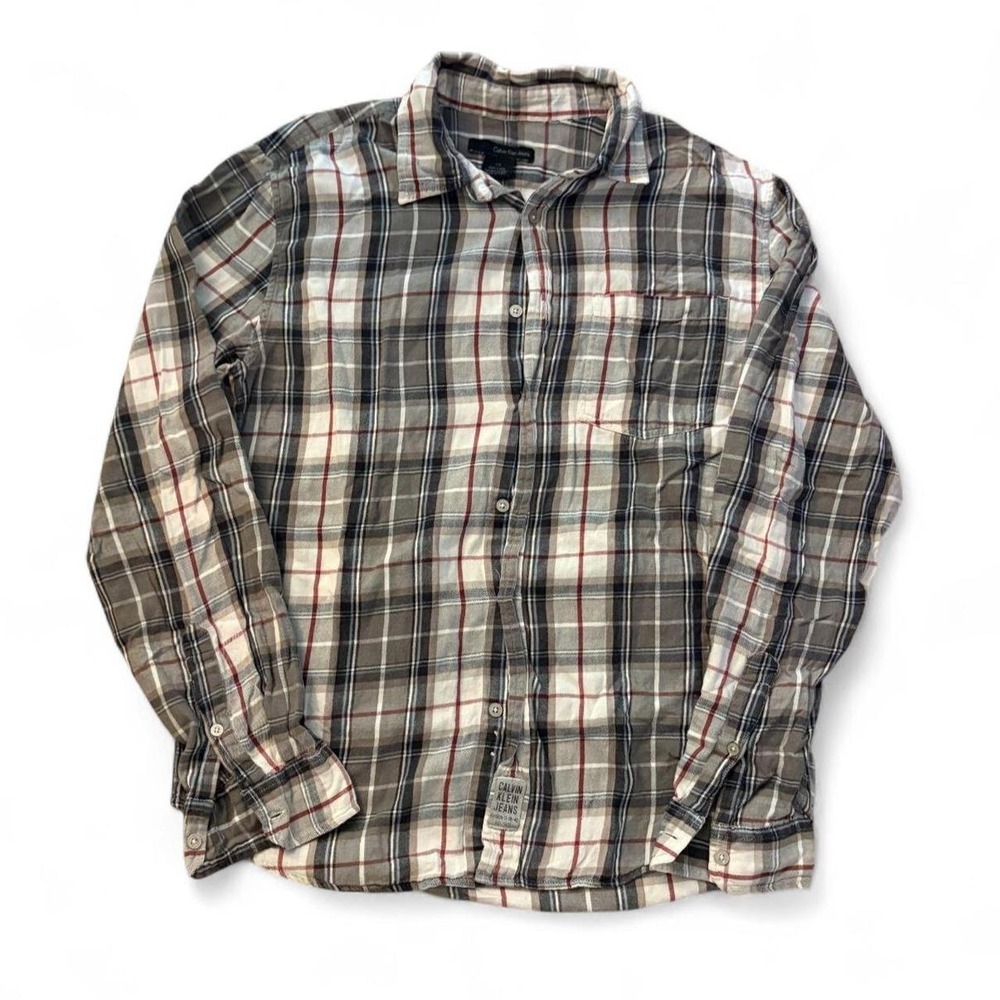 Calvin Klein Jeans Mens Plaid Long Sleeve Button Up Shirt Gray Red Large